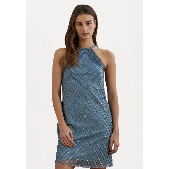 Lauren Ralph Lauren Women's Beaded Mesh Halter PartyCocktail Dress Light Blue 12 - Picture 1 of 13